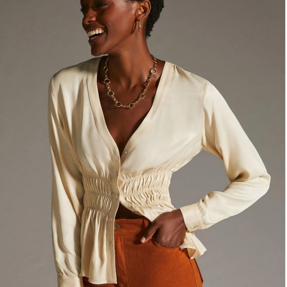 Anthropologie Smocked Satin Blouse Top Large MSRP Large $98 NWT - Picture 5 of 16